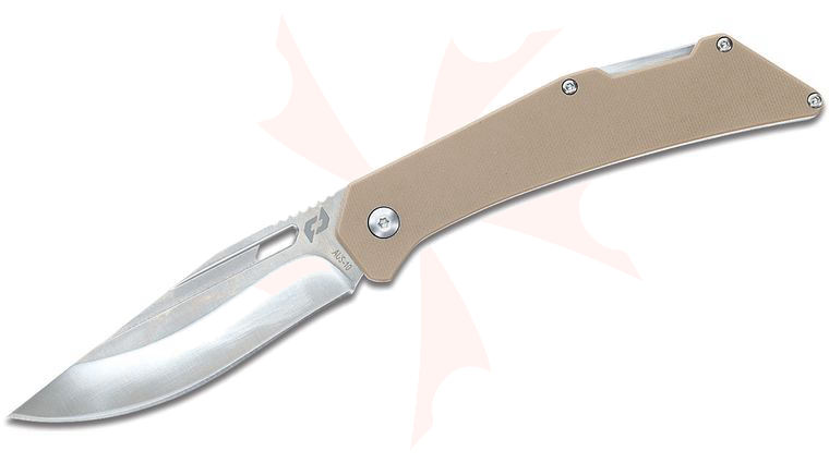Schrade Delta Class Slingshot Folding Knife 4 inch AUS-10 Satin Modified Clip Point Blade, Tan G10 Handles