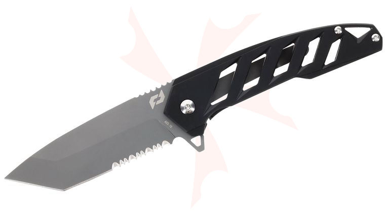 Schrade Delta Class Ventricle Flipper Knife 3 inch AUS-10 Gray Tanto Combo Blade, Black Skeletonized Aluminum Handles