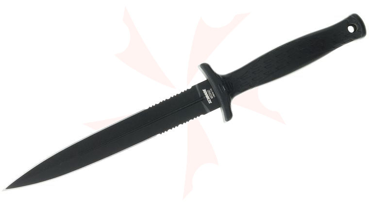 Schrade Delta Class Needle Magnum Fixed Blade Knife 6 inch AUS-8 Black Combo Dagger Blade, Black Overmold Handles, Injection Molded Sheath
