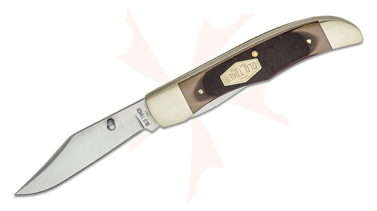 Schrade Old Timer Lockblade Pioneer Folding Knife, 3.1 inch Satin Clip Point Blade, Brown Sawcut Delrin Handles with Nickel Silver Bolsters