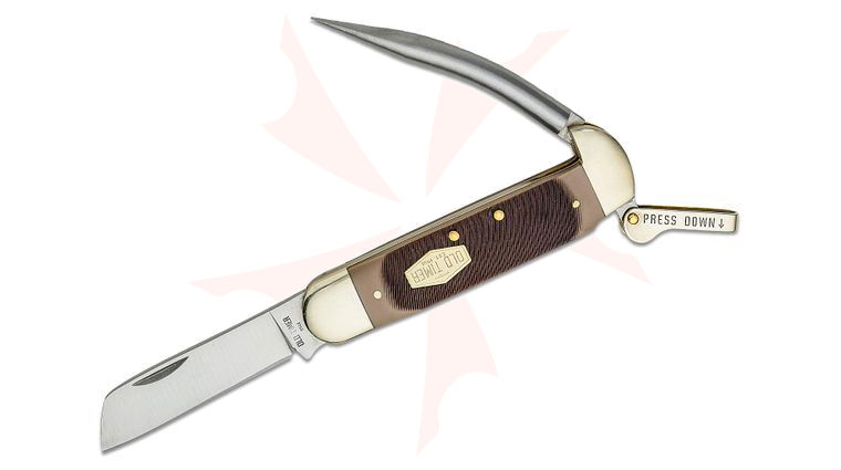 Schrade Old Timer 735OT Mariner's Knife 2.75 inch Satin Sheepsfoot Blade, Marlin Spike, Brown Sawcut Delrin Handles with Nickel Silver Bolsters
