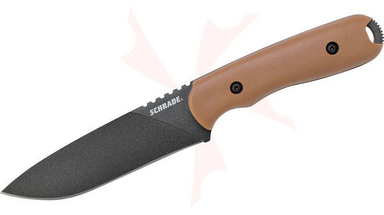 Schrade SCHF42D Frontier Fixed 5.12 inch Black 1095 Plain Blade, Brown Grivory Handles, Leather Sheath