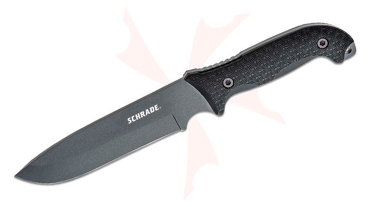 Schrade SCHF52 Frontier 7.04 inch Black Powder Coated Carbon Fixed Blade, Black TPE Handles, Polyester Sheath with Ferro Rod & Sharpening Stone