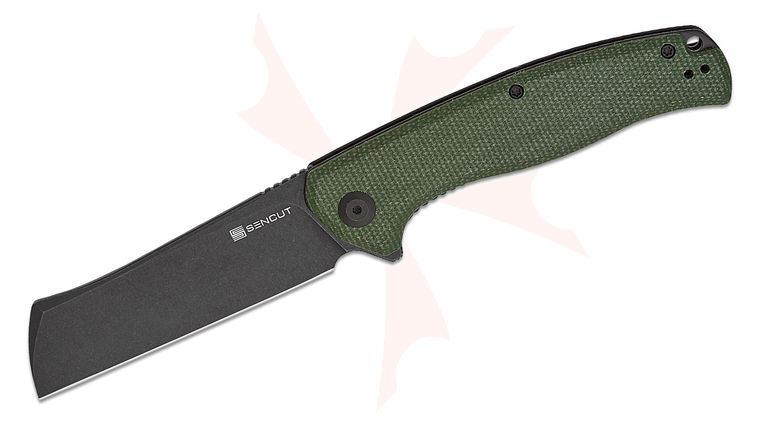 Sencut Knives S20057C-4 Traxler Liner Lock Flipper Knife 3.49 inch 9Cr18MoV Black Stonewashed Sheepsfoot Blade, Green Canvas Micarta Handles