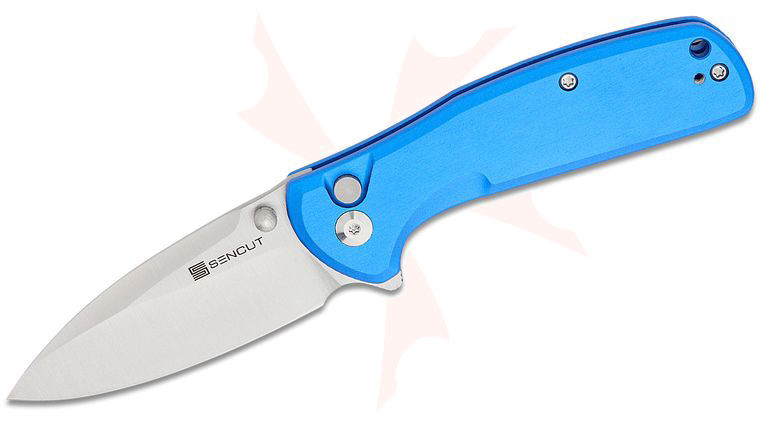 Sencut Knives ArcBlast Button Lock Flipper Knife 2.98 inch Satin Modified Drop Point Blade, Bright Blue Aluminum Handles