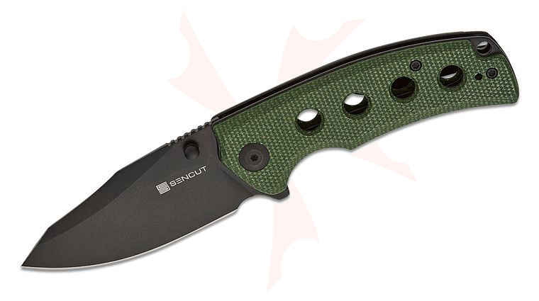 Sencut Knives S23068-3 Excalis Flipper Knife 2.97 inch Black Reverse Tanto Blade, Green Canvas Micarta Handles