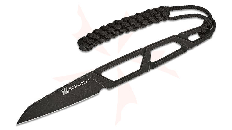 Sencut Knives Ostap Hel TEXO Fixed Blade Neck Knife 1.97 inch Black Stonewashed Reverse Tanto Blade and Skeletonized Handle, Kydex Sheath