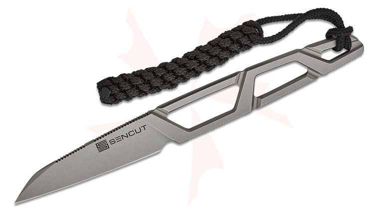 Sencut Knives Ostap Hel TEXO Fixed Blade Neck Knife 1.97 inch Stonewashed Reverse Tanto Blade and Skeletonized Handle, Kydex Sheath