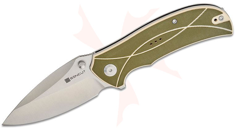 Sencut Knives Hyrax Flipper Knife 3.3 inch Satin Leaf Shaped Blade, Milled Green and Ivory G10 Handles