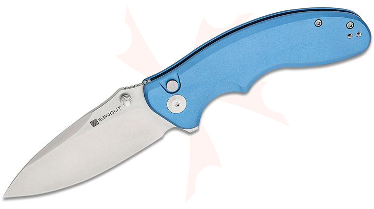 Sencut Knives Cybrix Button Lock Flipper Knife 3.46 inch Satin Drop Point Blade, Blue Aluminum Handles, Reversible Clip