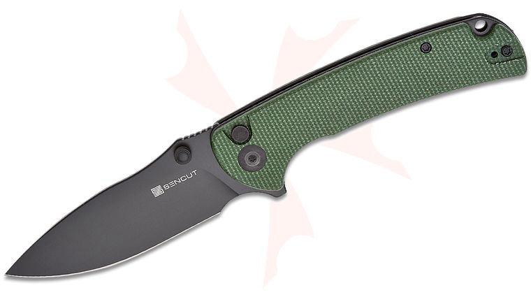 Sencut Knives Pulsewave Button Lock Flipper Knife 3.45 inch 9Cr18MoV Black Drop Point Blade, Green Canvas Micarta Handles