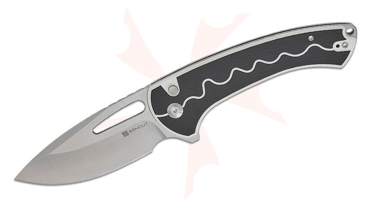 Sencut Knives Squiggy Button Lock Flipper Knife 3.89 inch Satin Drop Point Blade, White/Black G10 Handles, Reversible Clip