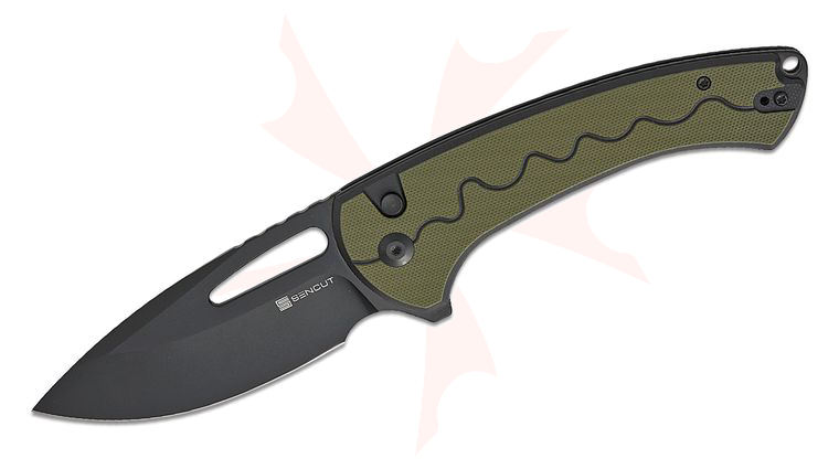 Sencut Knives Squiggy Button Lock Flipper Knife 3.89 inch Black Drop Point Blade, Green/Black G10 Handles, Reversible Clip