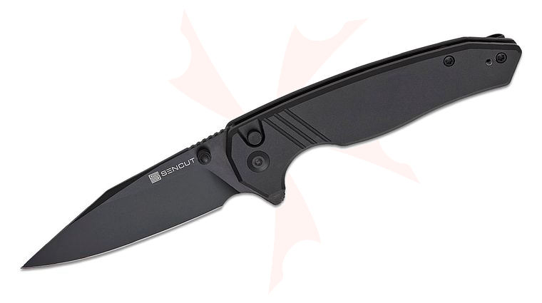 Sencut Knives Selkyris Button Lock Flipper Knife 3.36 inch D2 Black Clip Point Blade, Black Aluminum Handles, Reversible Clip