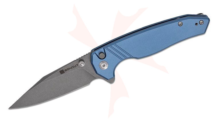 Sencut Knives Selkyris Button Lock Flipper Knife 3.36 inch D2 Gray Stonewashed Clip Point Blade, Blue Aluminum Handles, Reversible Clip