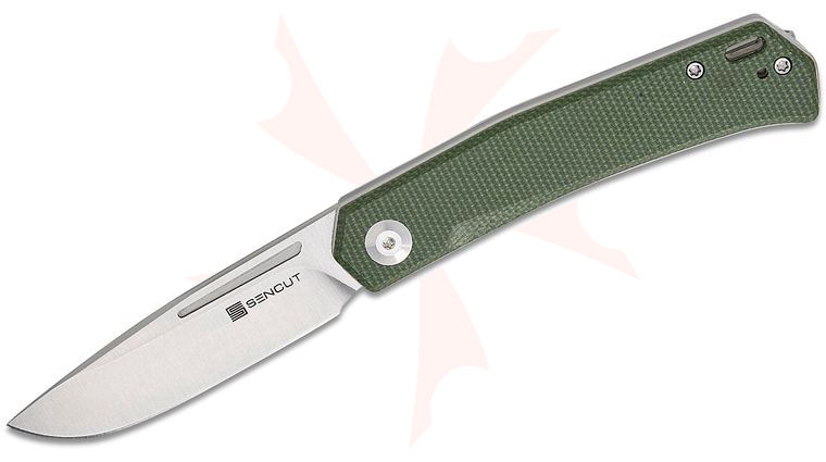 Sencut Knives Braxx Slipjoint Folding Knife 3.12 inch D2 Satin Clip Point Blade, Green Canvas Micarta Handles, Reversible Clip