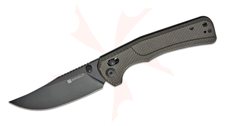 Sencut Knives Slybolt Crossbar Lock Folding Knife 3.59 inch Black Clip Point Blade, Dark Green Canvas Micarta Handles, Reversible Clip