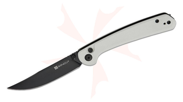 Sencut Knives Skelfin Button Lock Folding Knife 3.3 inch Black Clip Point Blade, White G10 Handles, Reversible Clip