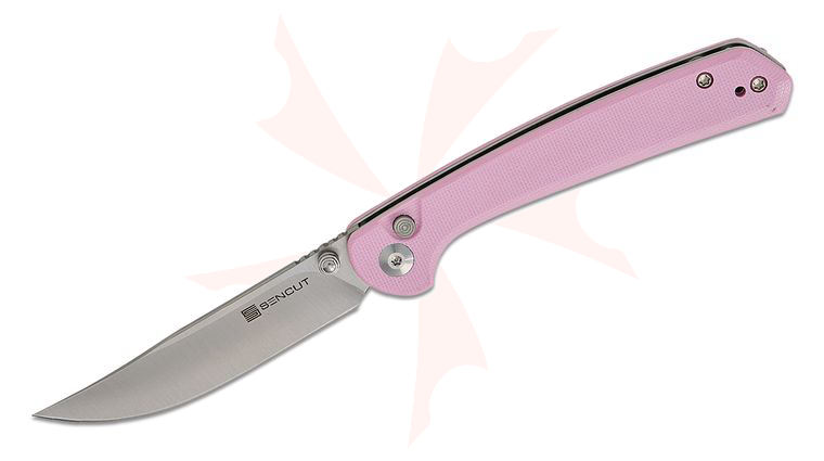Sencut Knives Skelfin Button Lock Folding Knife 3.3 inch Satin Clip Point Blade, Powder Pink G10 Handles, Reversible Clip