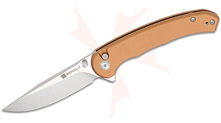 Sencut Knives Ingot Button Lock Flipper Knife 3.21 inch D2 Stonewashed Clip Point Blade, Coyote Brown Aluminum Handles, Reversible Clip