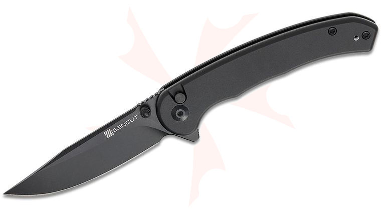 Sencut Knives Ingot Button Lock Flipper Knife 3.21 inch D2 Black Clip Point Blade, Black Aluminum Handles, Reversible Clip