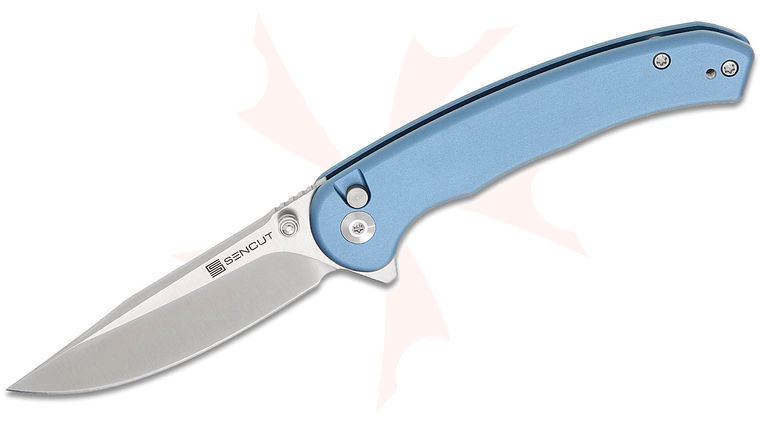 Sencut Knives Ingot Button Lock Flipper Knife 3.21 inch D2 Satin Clip Point Blade, Blue Aluminum Handles, Reversible Clip