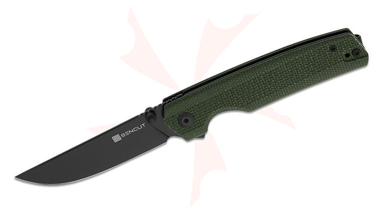 Sencut Knives Stria Liner Lock Flipper Knife 3.12 inch D2 Black Straight Back Blade, Machined Green Canvas Micarta Handles, Reversible Clip