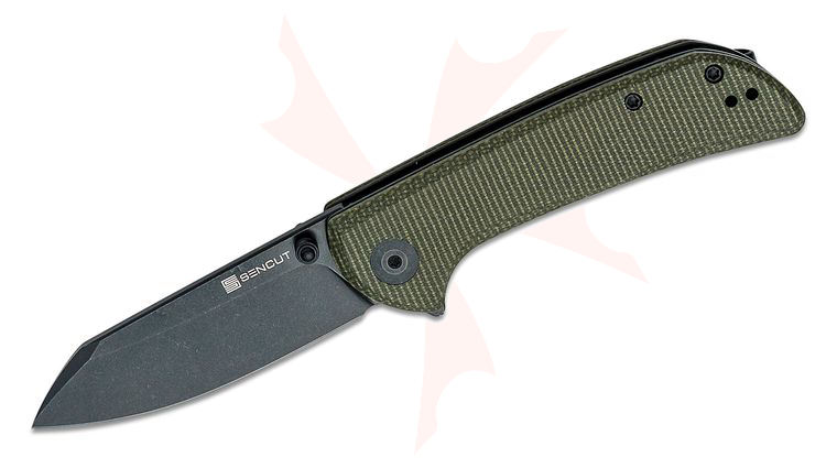 Sencut Knives S22014-1 Fritch Flipper Knife 2.99 inch Black Stonewashed Modified Sheepsfoot Blade, Green Canvas Micarta Handles