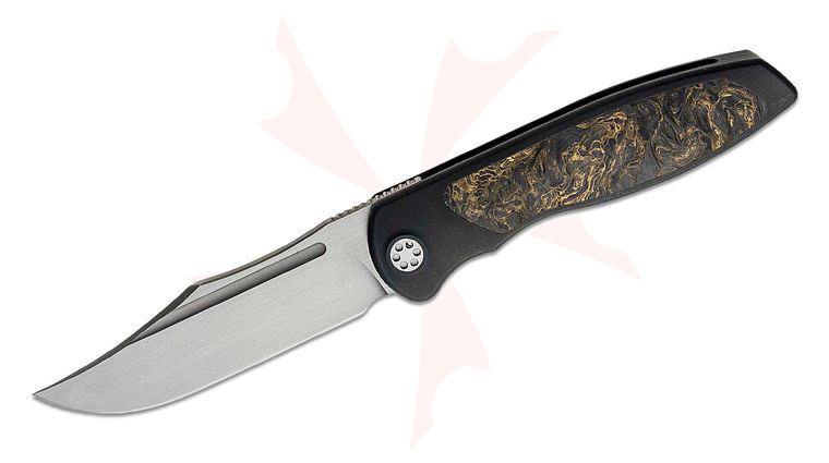 SharpByDesign Production Mini Tempest Front Flipper Knife 3.5 inch M390 Hand Rubbed Bowie Blade, Black PVD Titanium Handles with Gold Dark Matter FatCarbon Inlays