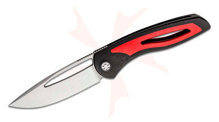 SharpByDesign Production Apex Front Flipper Knife 3.625 inch S90V Satin Drop Point Blade, Black PVD Titanium Handles with Red Aluminum Inlays