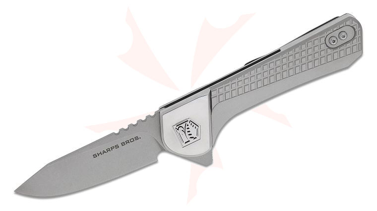 Sharps Bros. SBKF07 Meanstreak Button Lock Flipper Knife 3 inch S35VN Stonewashed Clip Point Blade, Glass Bead Blasted Cross-Hatch Textured Titanium Handles with Stainless Steel Bolsters, Reversible Deep Carry Clip