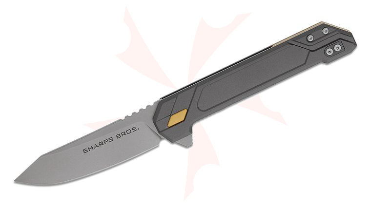 Sharps Bros. SBKF09 Meanstreak Frame Lock Flipper Knife 3.3 inch S35VN Stonewashed Clip Point Blade, Gunmetal PVD Machined Titanium Handles with Gold PVD Accents, Reversible Clip