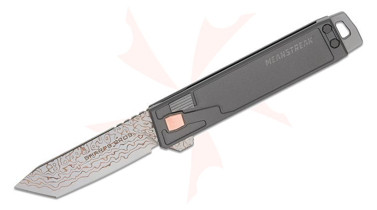 Sharps Bros. SBKF11 Meanstreak Button Lock Flipper Knife 3.25 inch VG10 Core Copper Damascus Tanto Blade, Gunmetal PVD Machined Titanium Handles with Gold PVD Accents, Reversible Clip