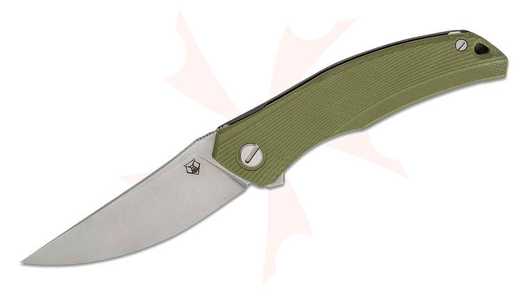 Shirogorov Quantium Ursus Flipper Knife 3.8 inch Cromax PM Trailing Point Blade, Milled Olive Green G10 and Titanium Handles with Olive Green G10 Inlays