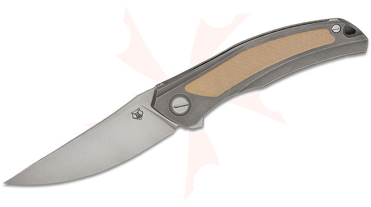 Shirogorov Quantum Ursus NL Flipper Knife 3.8 inch Cromax PM Trailing Point Blade, Milled Titanium Handles with Beige G10 Inlays