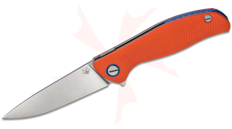 Shirogorov Model F3 Flipper Knife 3.875 inch CTS-40CP Drop Point Blade, Orange G10 Handles with Blue Accents