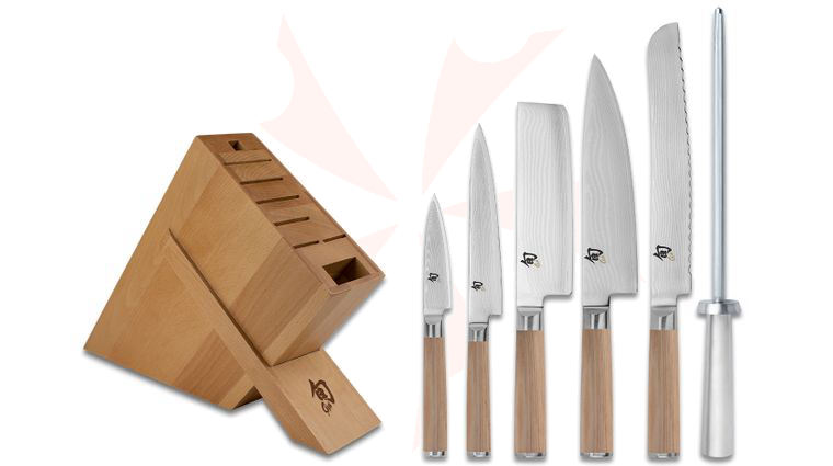 Shun DMS0725W Classic Blonde 7-Piece Block Set, VG-MAX Damascus Blades, Blonde Pakkawood Handles, Combination Honing Steel, Birch Kickstand Block