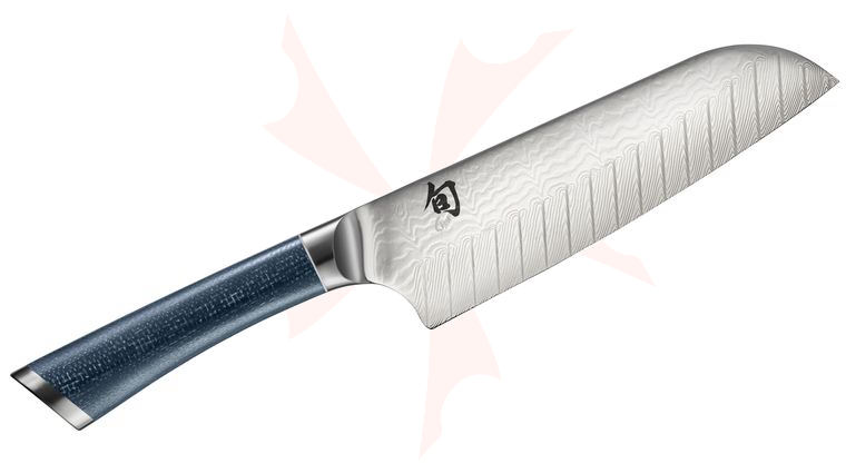 Shun FRD0702 Shiranami Santoku Knife 7 inch Wave Pattern Damascus Blade, Prussian Blue Jute Micarta Handle