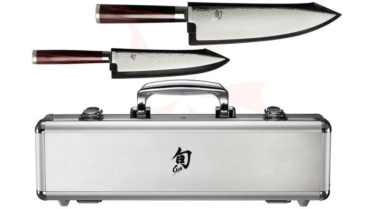 Shun TBS0220 Limited Edition Kohen 2-Piece Set - Dual-Core VG10/VG2 Damascus Blades, Red and Black Pakkawood Handles - Gift Box Case