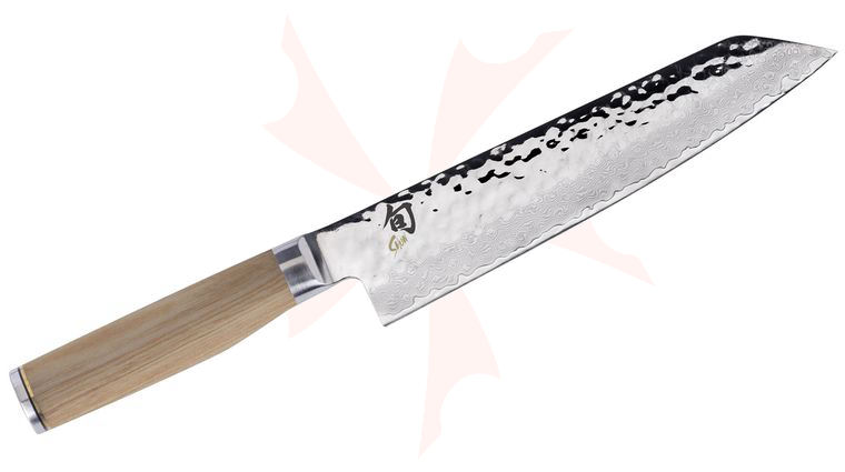 Shun TDM0771W Premier Blonde Kiritsuke Knife 8 inch Hammered VG-MAX Damascus Blade, Blonde PakkaWood Handles
