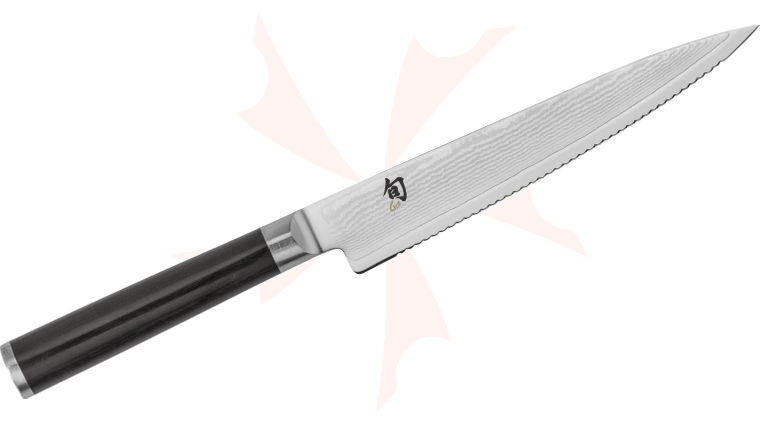 Shun DM0722 Classic Serrated Utility Knife 5 inch Blade, Pakkawood Handle