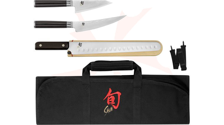 Shun DMS0450 Classic 4 Piece BBQ Set with DM8800 Knife Roll, Pakkawood Handles
