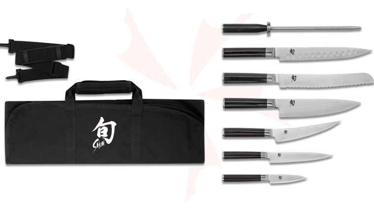 Shun DMS0899 Classic 8 Piece Student Set with Knife Roll, Ebony Pakkawood Handles
