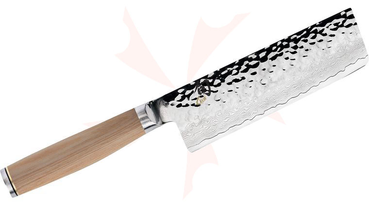 Shun TDM0742W Premier Blonde Nakiri Knife 5.5 inch Hammered VG-MAX Damascus Blade, Blonde PakkaWood Handles