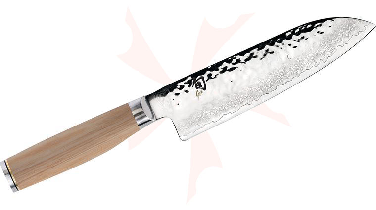 Shun TDM0702W Premier Blonde Santoku Knife 7 inch Hammered VG-MAX Damascus Blade, Blonde PakkaWood Handles