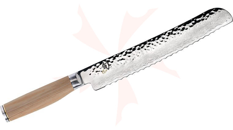 Shun TDM0705W Premier Blonde Bread Knife 9 inch Hammered VG-MAX Damascus Blade, Blonde PakkaWood Handles