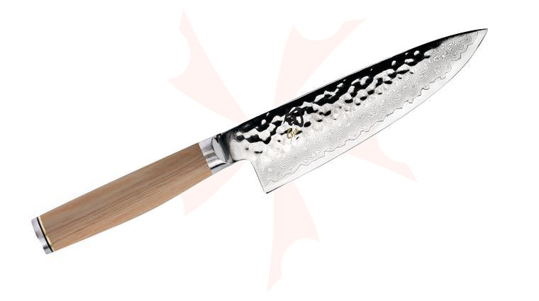 Shun TDM0723W Premier Blonde Chef's Knife 6 inch Hammered VG-MAX Damascus Blade, Blonde PakkaWood Handles
