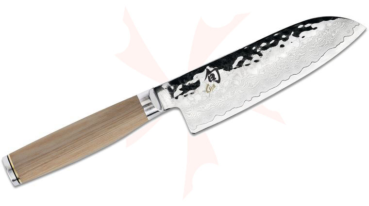Shun TDM0727W Premier Blonde Santoku Knife 5.5 inch Hammered Damascus Blade, Blonde Pakkawood Handles
