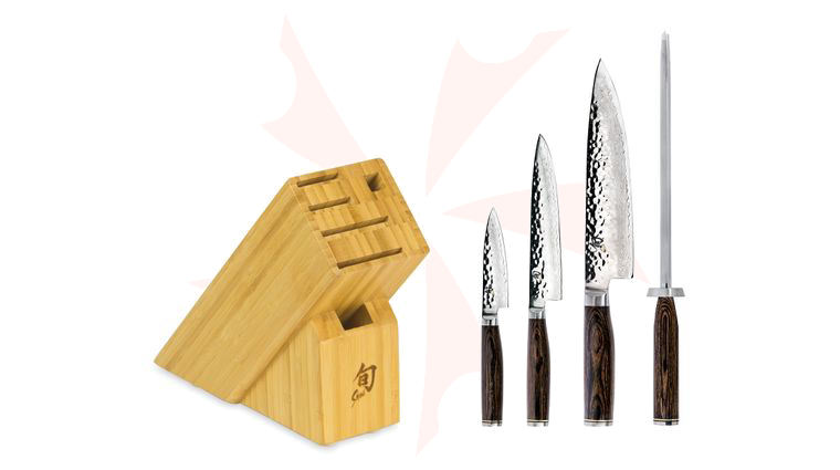 Shun TDMS0512 Premier 5 Piece Starter Bamboo Block Set, VG-MAX Damascus Blades, Pakkawood Handles