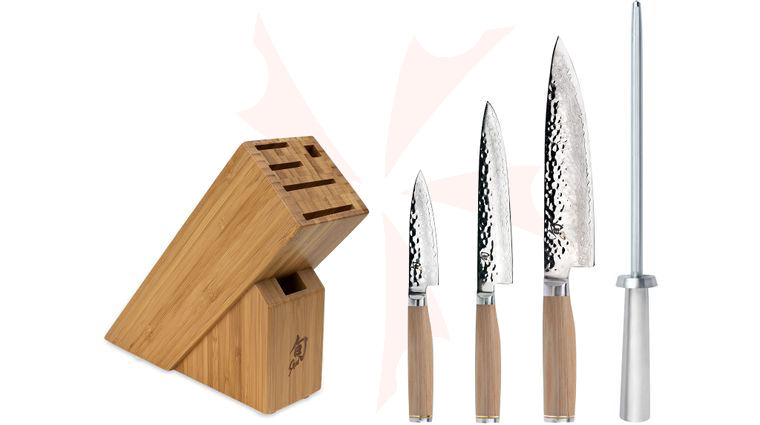 Shun TDMS0540W Premier Blonde 5 Piece Starter Bamboo Block Set, VG-MAX Damascus Blades, Blonde Pakkawood Handles